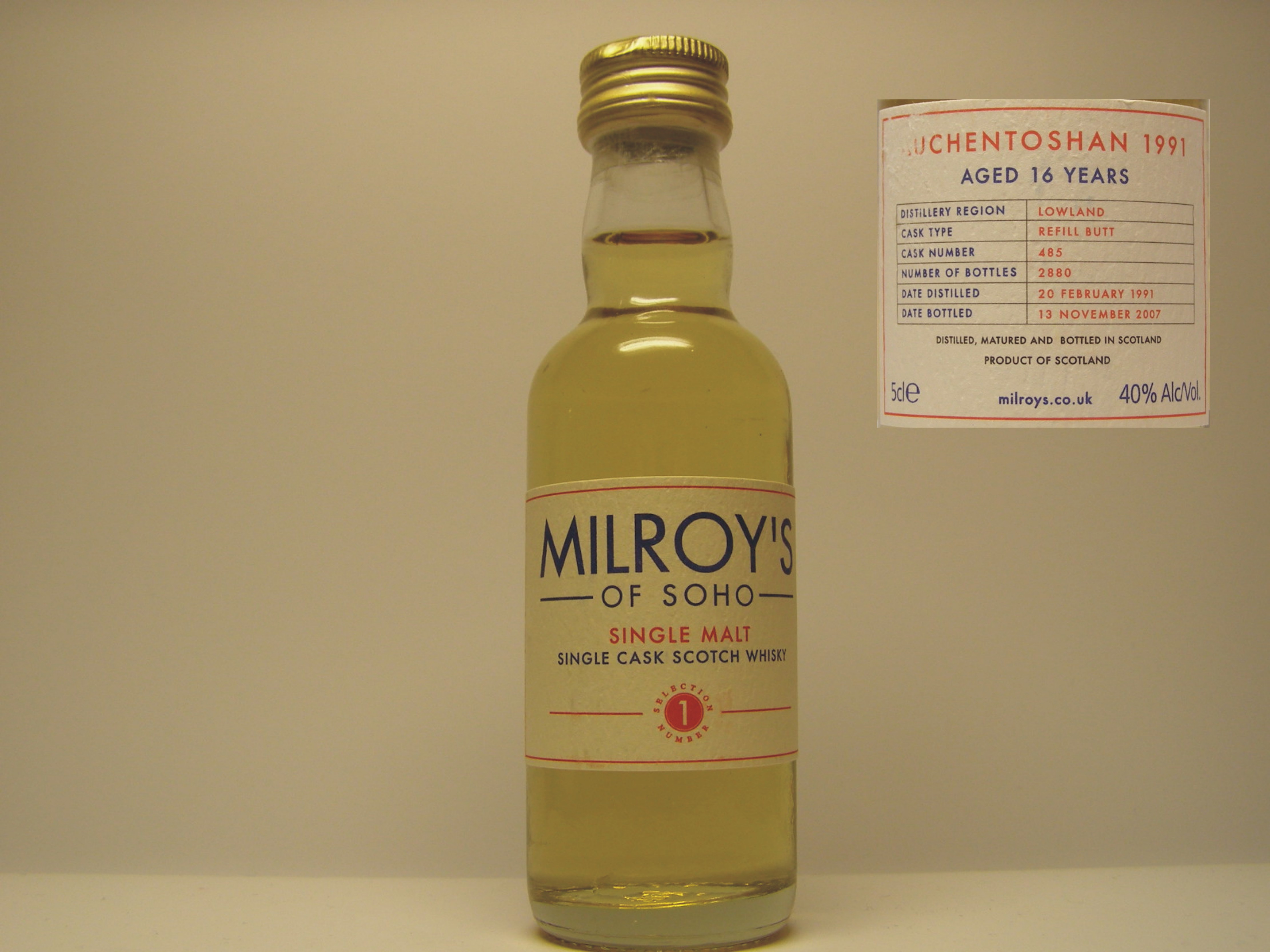 SMSCSW 16yo 1991-2007 "Milroy´s" 5cle 40%Alc/Vol.