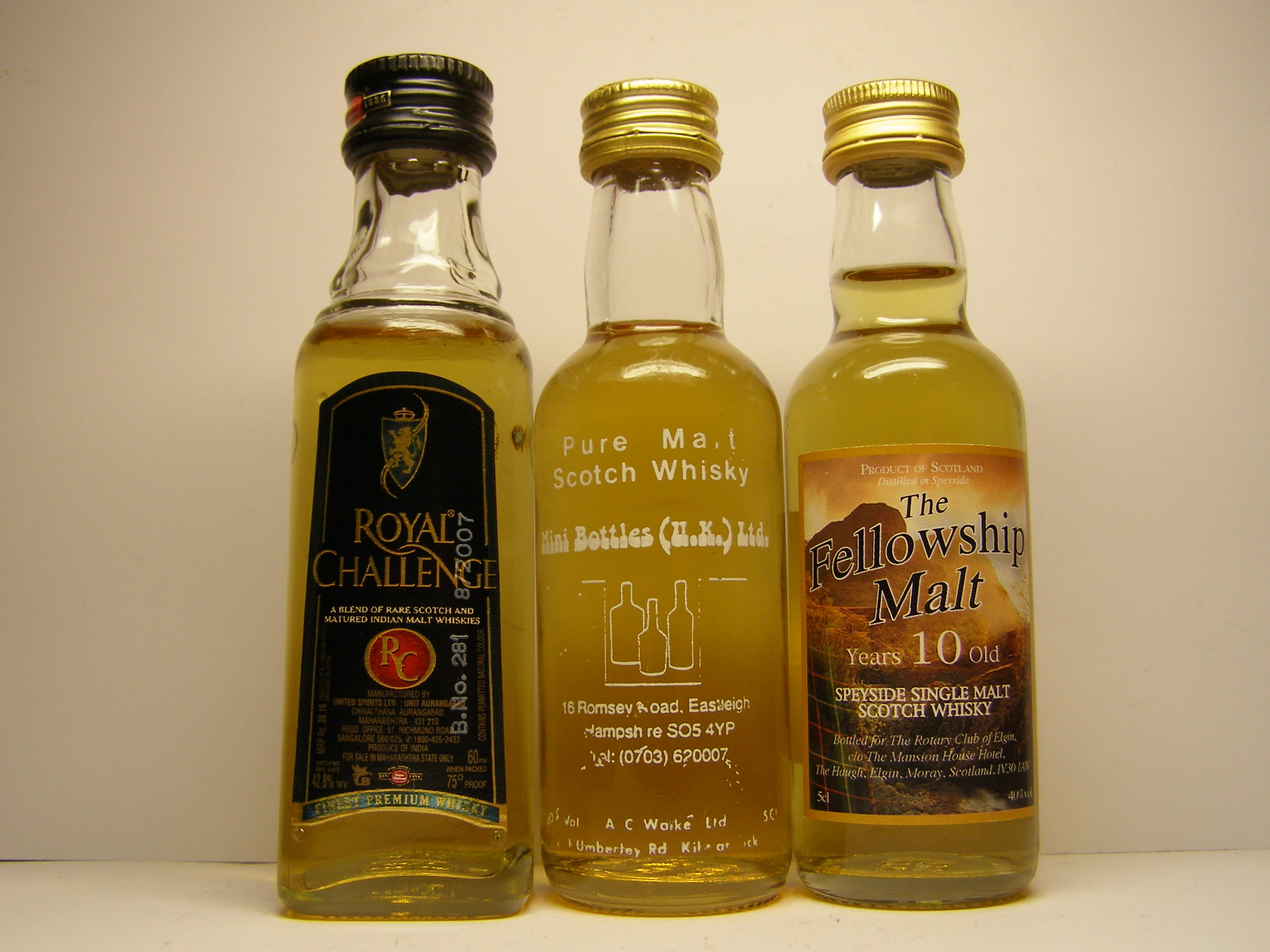 Royal Challenge IMW , Mini Bottles Club PMSW, Fellowship Malt SSMSW 10yo  