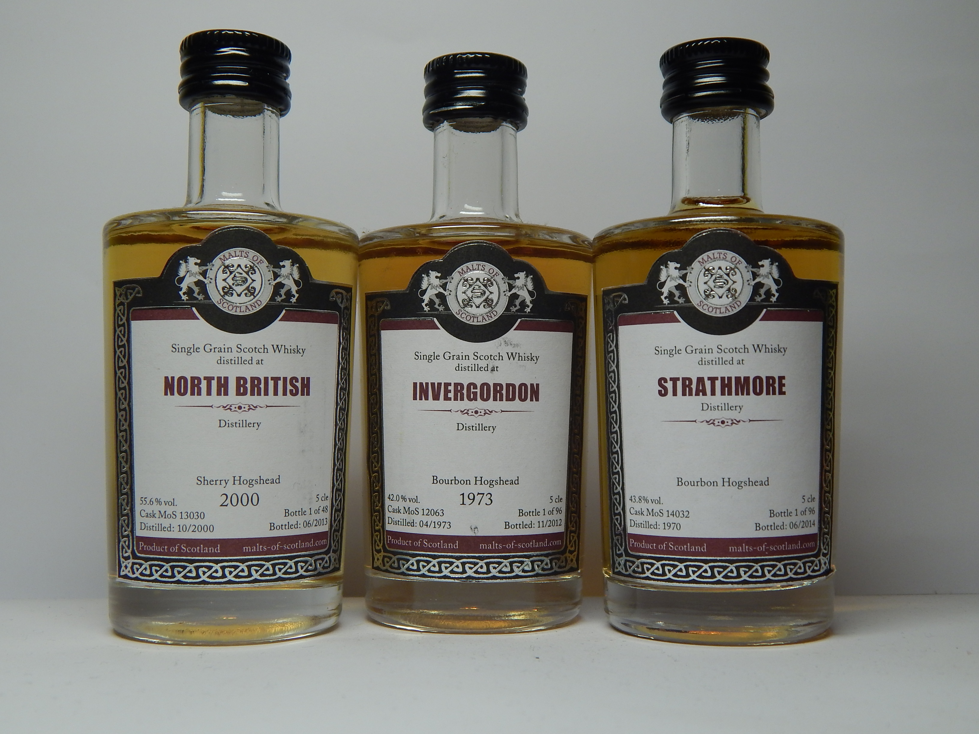 NORTH BRITISH 12yo 2000-2013 , INVERGORDON 39yo 1973-2012 , STRATHMORE 44yo 1970-2014 SGSW "Malts of Scotland"